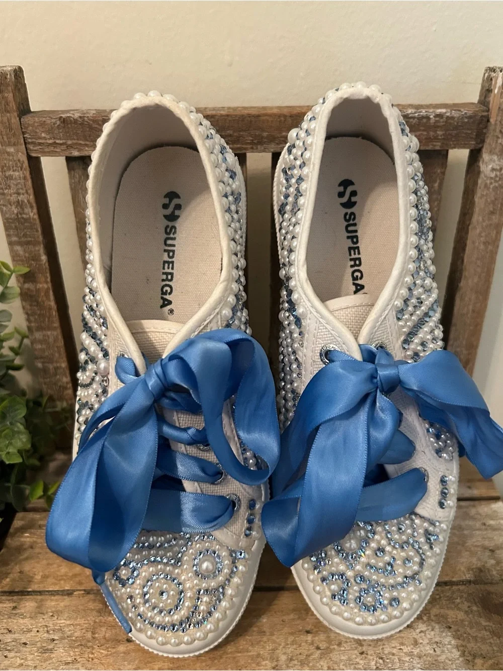 Custom Superga Sneakers: Pearl and Blue Rhinestones Size EUR 37.5 US 7